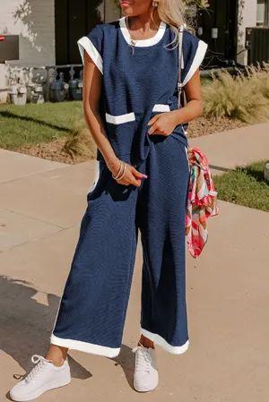 Navy Blue Contrast Trim Pocket T Shirt and Wide Leg Pants Set