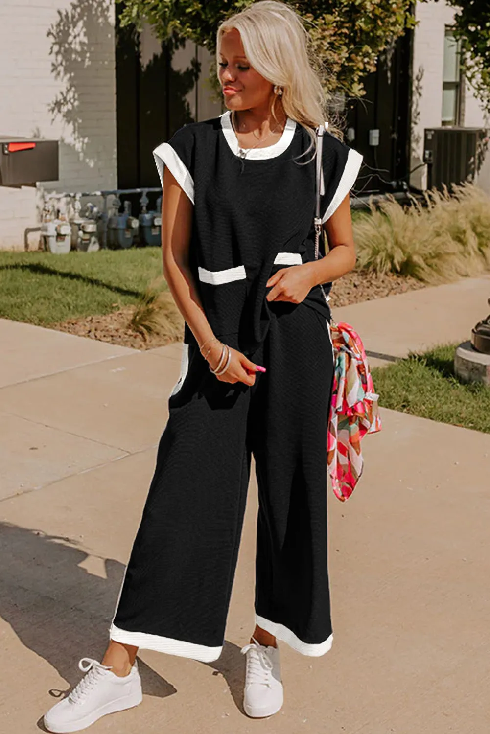 Navy Blue Contrast Trim Pocket T Shirt and Wide Leg Pants Set