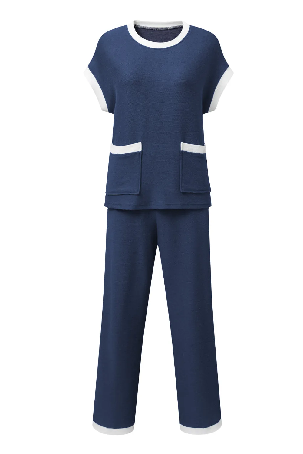 Navy Blue Contrast Trim Pocket T Shirt and Wide Leg Pants Set