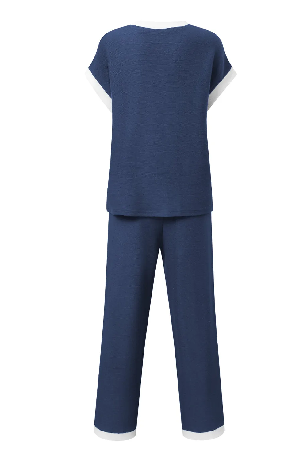 Navy Blue Contrast Trim Pocket T Shirt and Wide Leg Pants Set