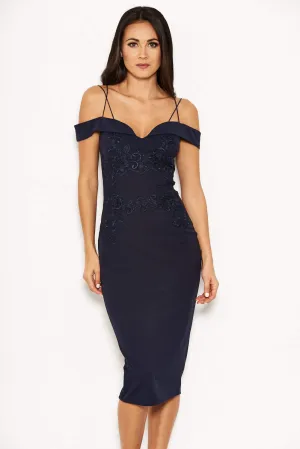 Navy Off The Shoulder Lace Midi Dress With Delicate Straps