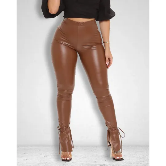 New Women's Brown Split Belted Hem Pu Leather Hight Waist Skinny Pants/Straps Faux Leather/Trousers Long Tight Legging