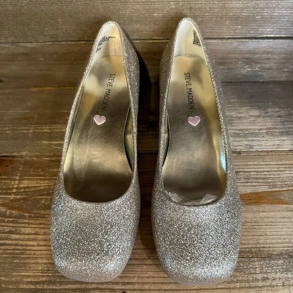 NIB Big Girls Steve Madden Jjennaa Gold Glitter Formal Block Pump Heels Size 4 Y