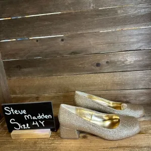 NIB Big Girls Steve Madden Jjennaa Gold Glitter Formal Block Pump Heels Size 4 Y