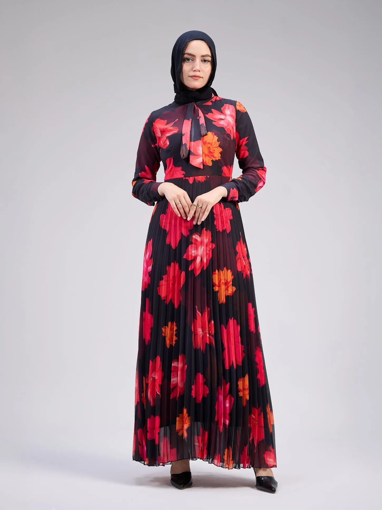 Nismah Chiffon Maxi Dress in Vibrant Floral Print with Pleats