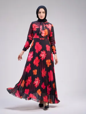 Nismah Chiffon Maxi Dress in Vibrant Floral Print with Pleats