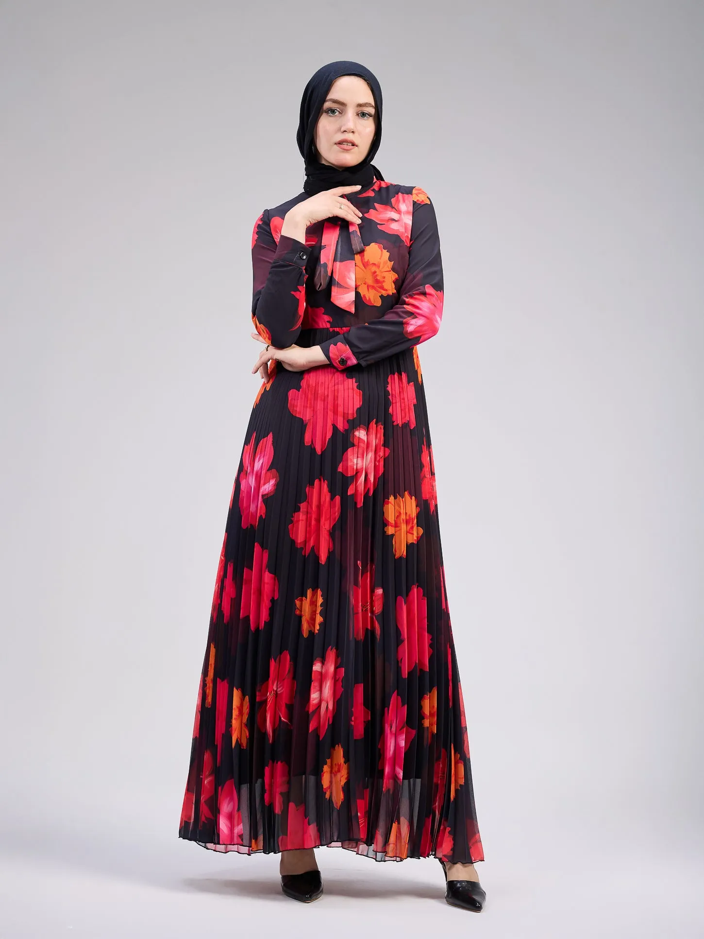 Nismah Chiffon Maxi Dress in Vibrant Floral Print with Pleats