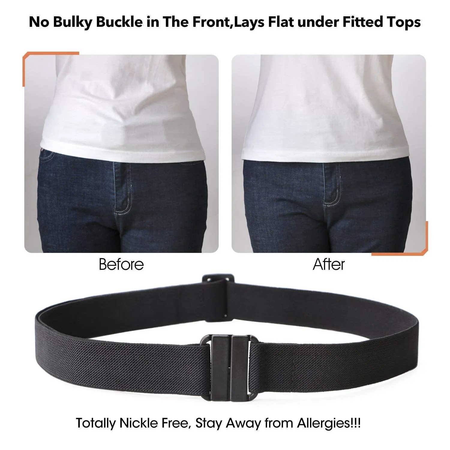 No Show Women Stretch Belt Invisible Elastic Web Strap Belt with Flat Buckle for Jeans Pants Dresses