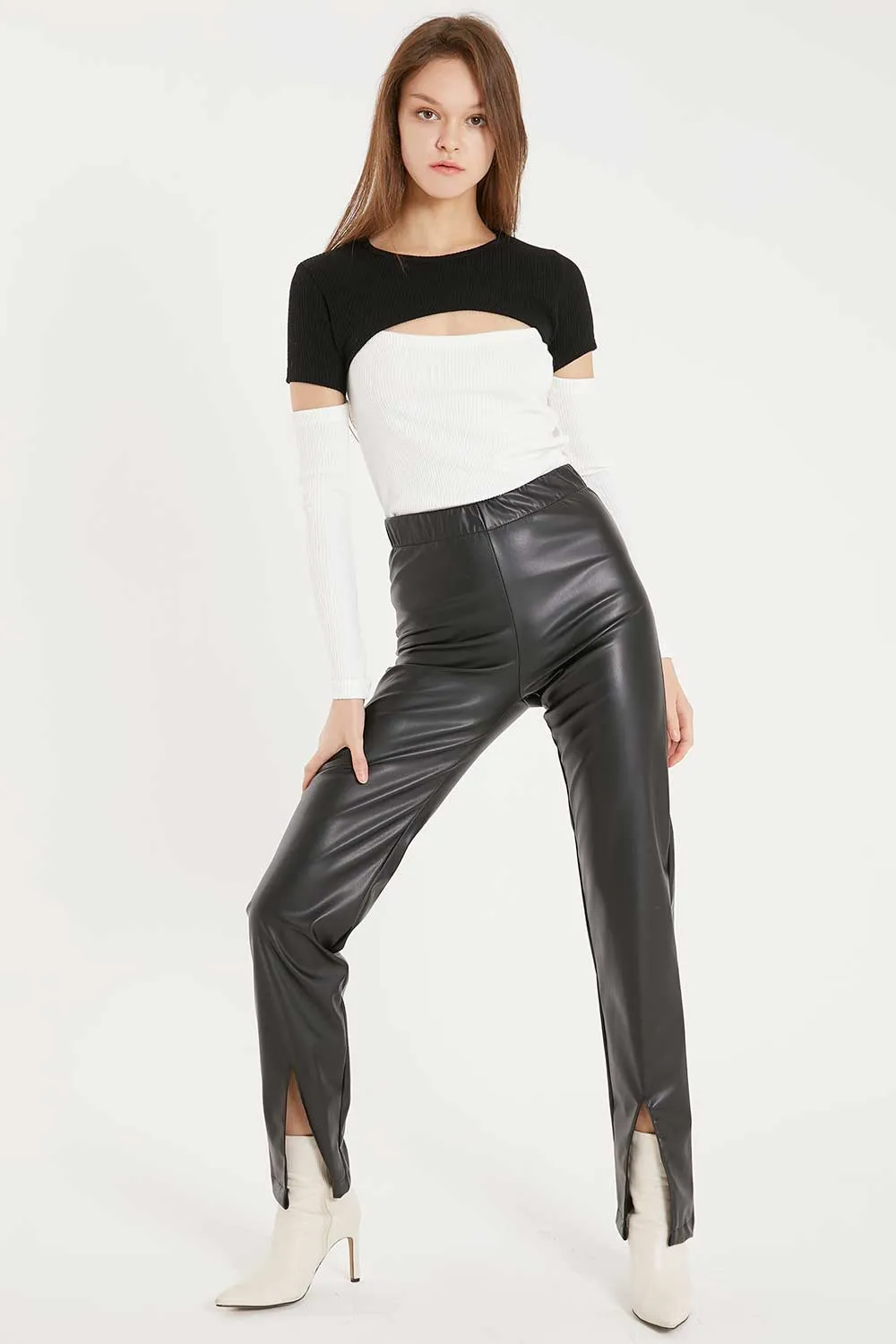 Noor Front Slit Pleather Pants