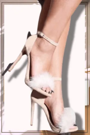 Nude Stiletto High Heel Sandals With Fluffy Fur