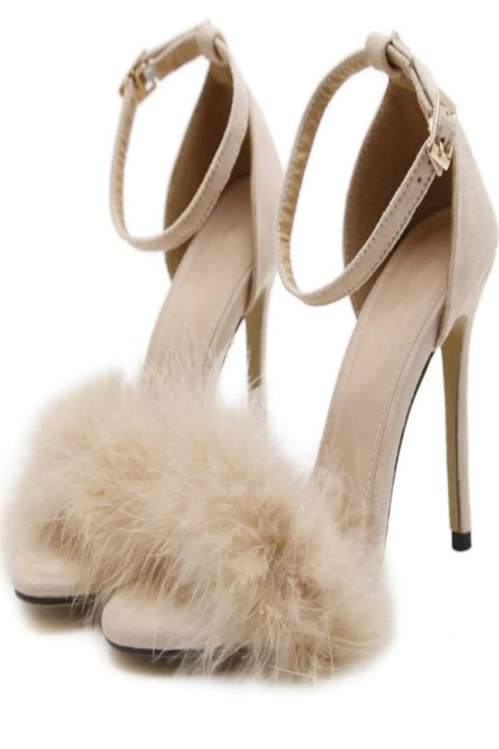 Nude Stiletto High Heel Sandals With Fluffy Fur