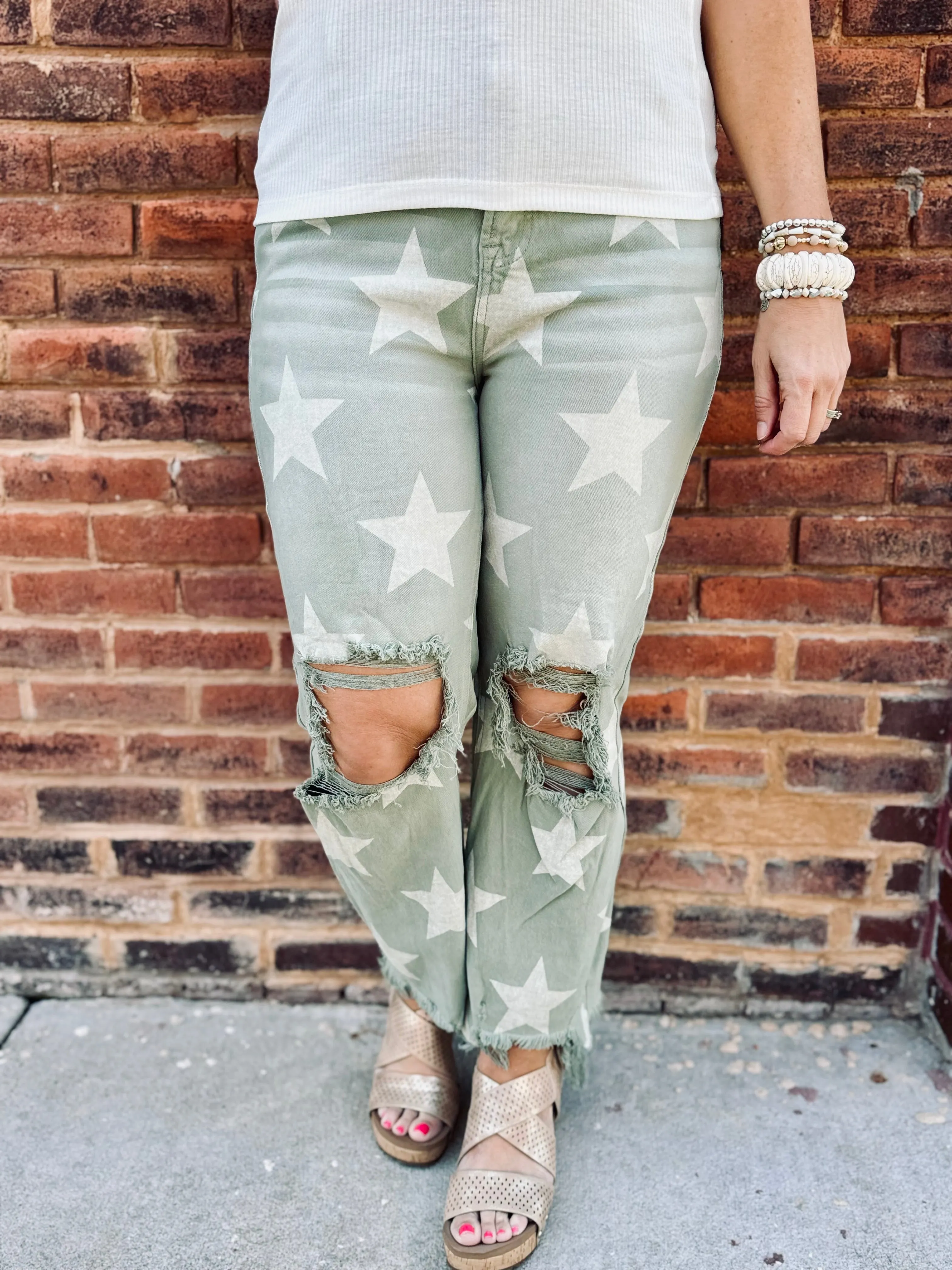 Olive Risen Star Crop Denim