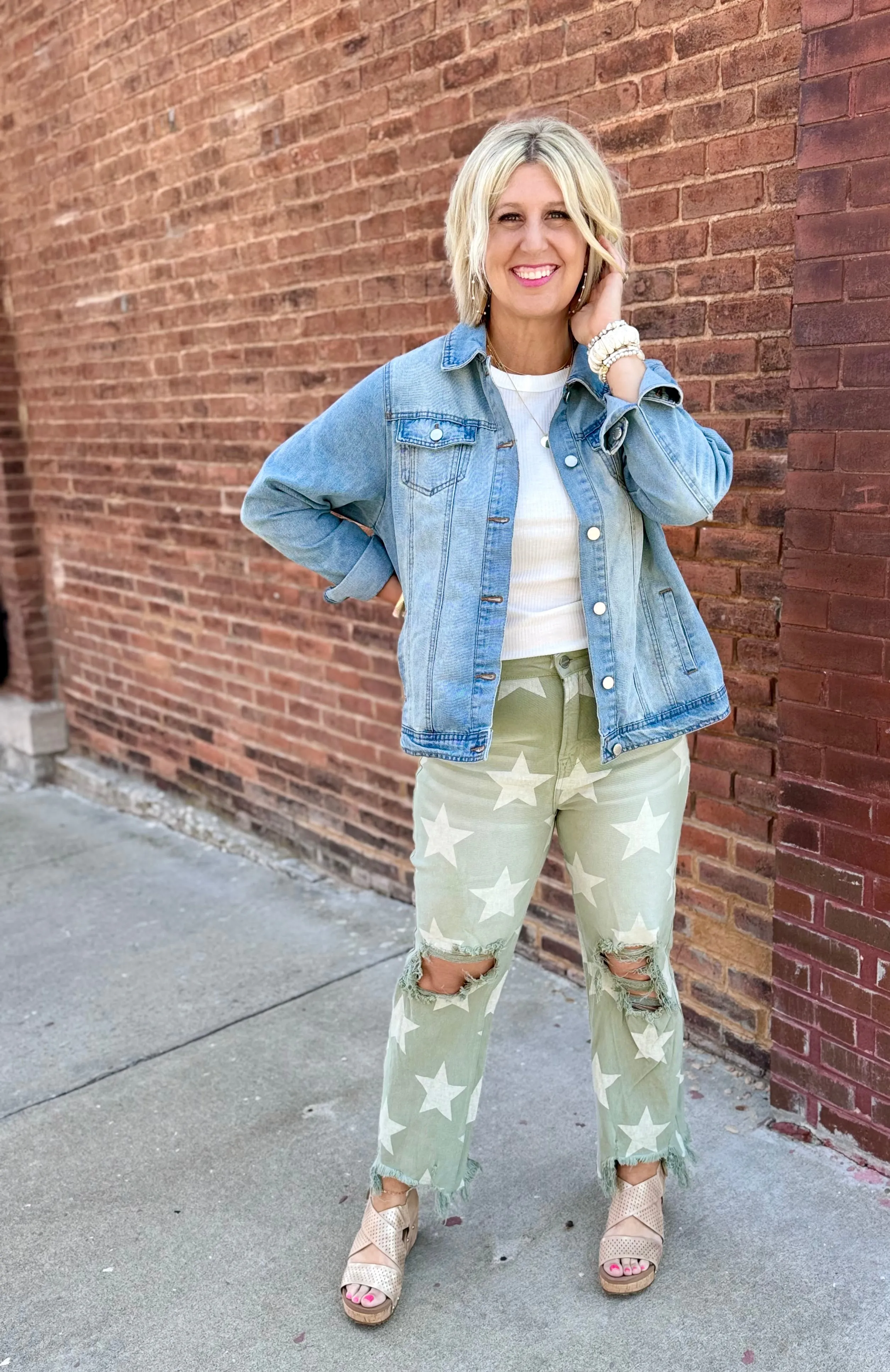 Olive Risen Star Crop Denim