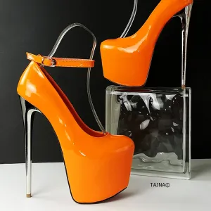 Orange Patent Ankle Strap Metalic Heels