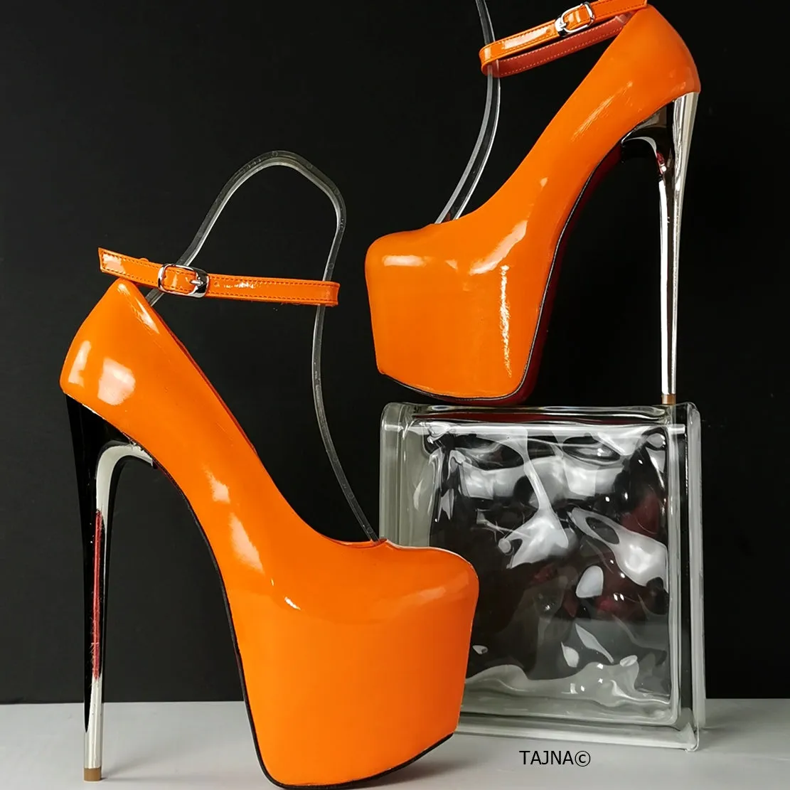 Orange Patent Ankle Strap Metalic Heels