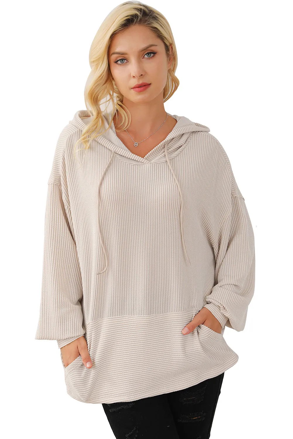 Pale Khaki Corded Drop Shoulder Kangaroo Pocket Hoodie