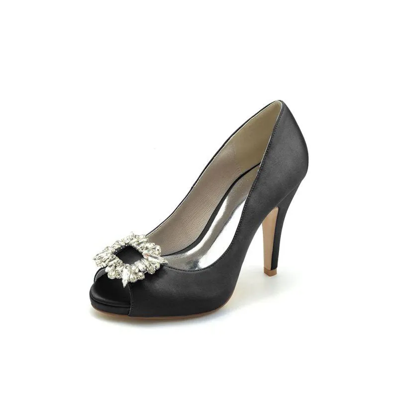 Peep Toe Slip-on Stiletto Heels With Rhinestone