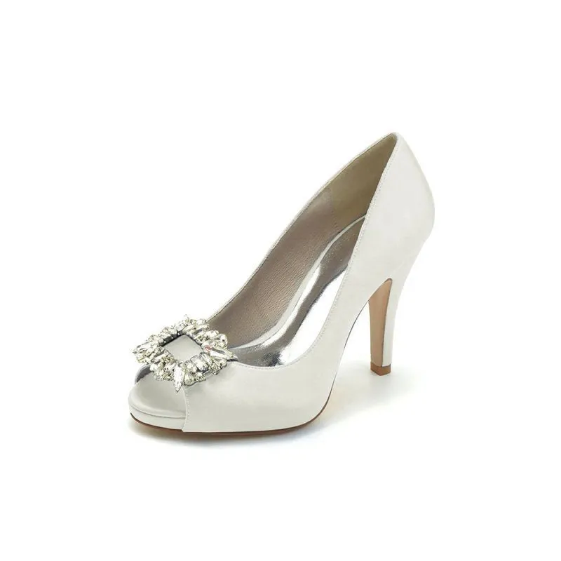 Peep Toe Slip-on Stiletto Heels With Rhinestone