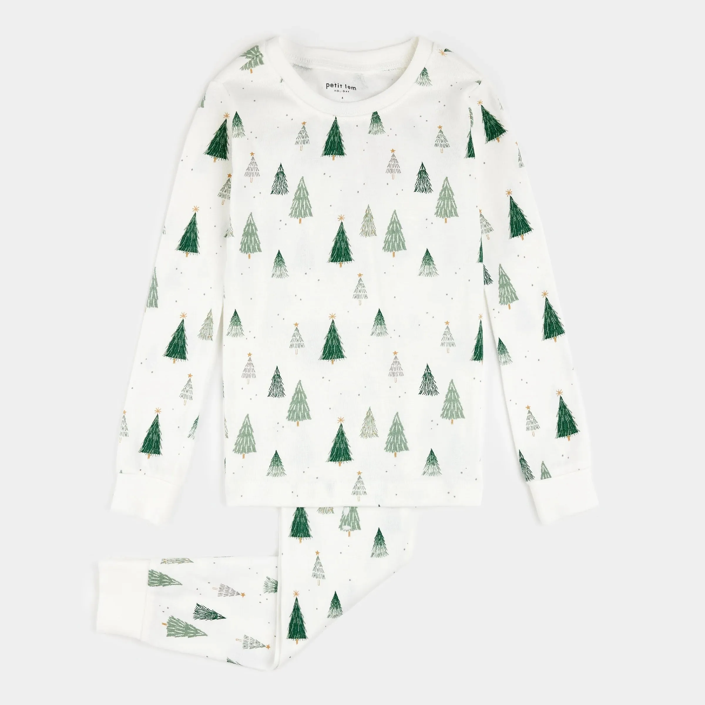 Petit Lem Christmas Tree Print on Off-White PJ Set