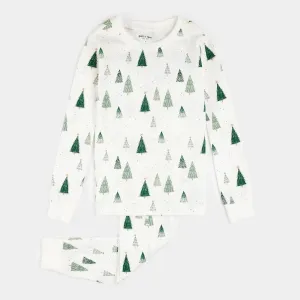 Petit Lem Christmas Tree Print on Off-White PJ Set