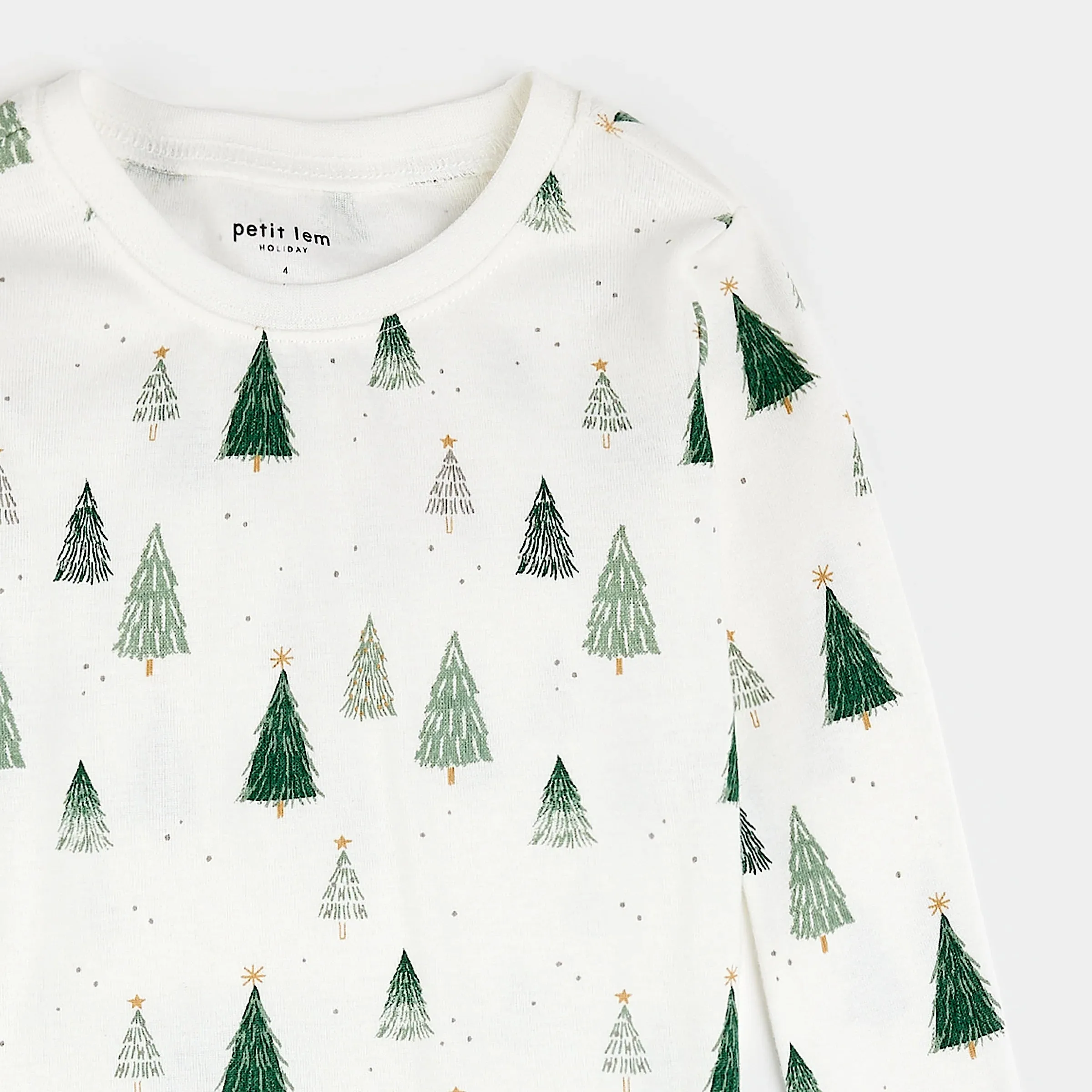 Petit Lem Christmas Tree Print on Off-White PJ Set