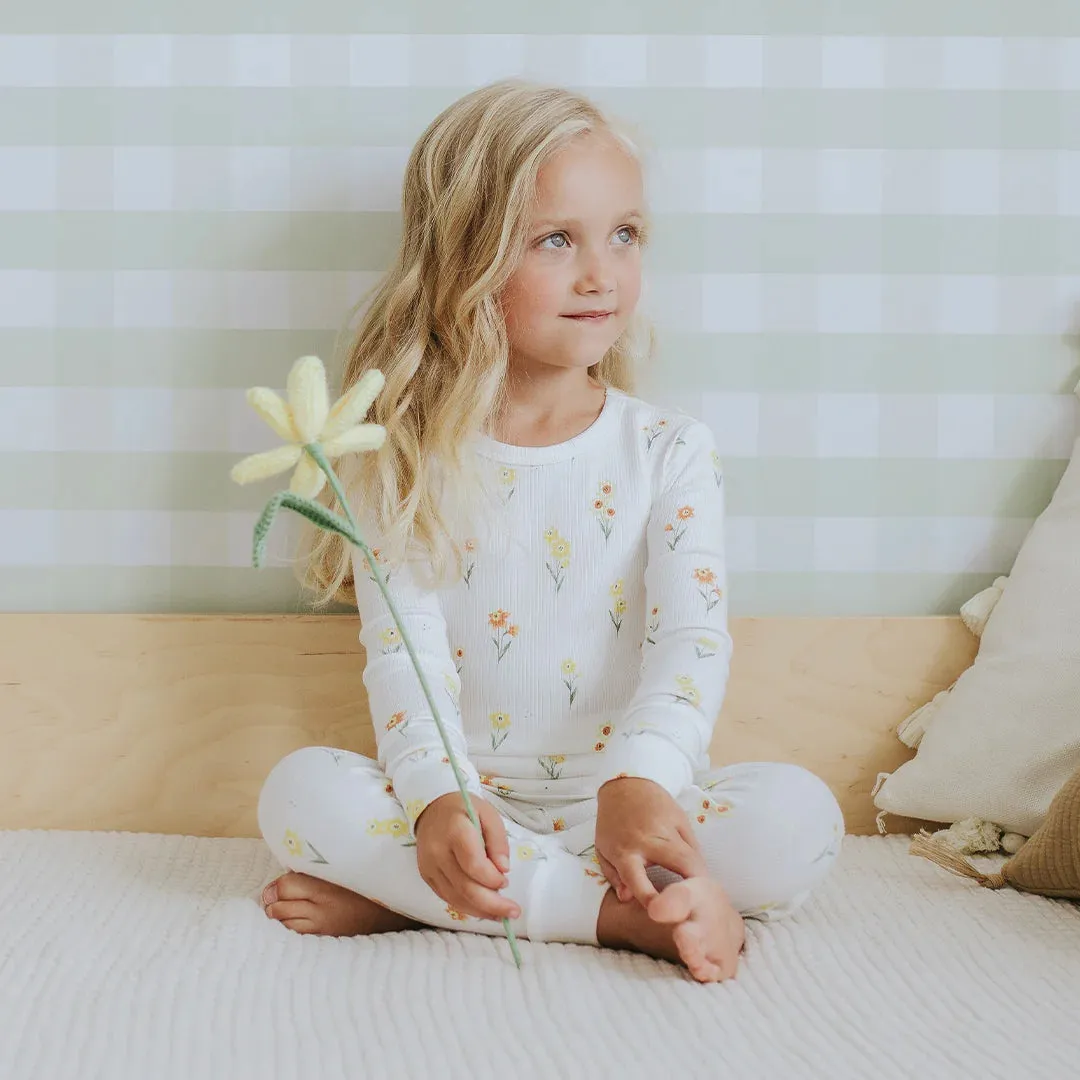 Petit Lem - Daffodil Print on Off-White Ribbed PJ Set
