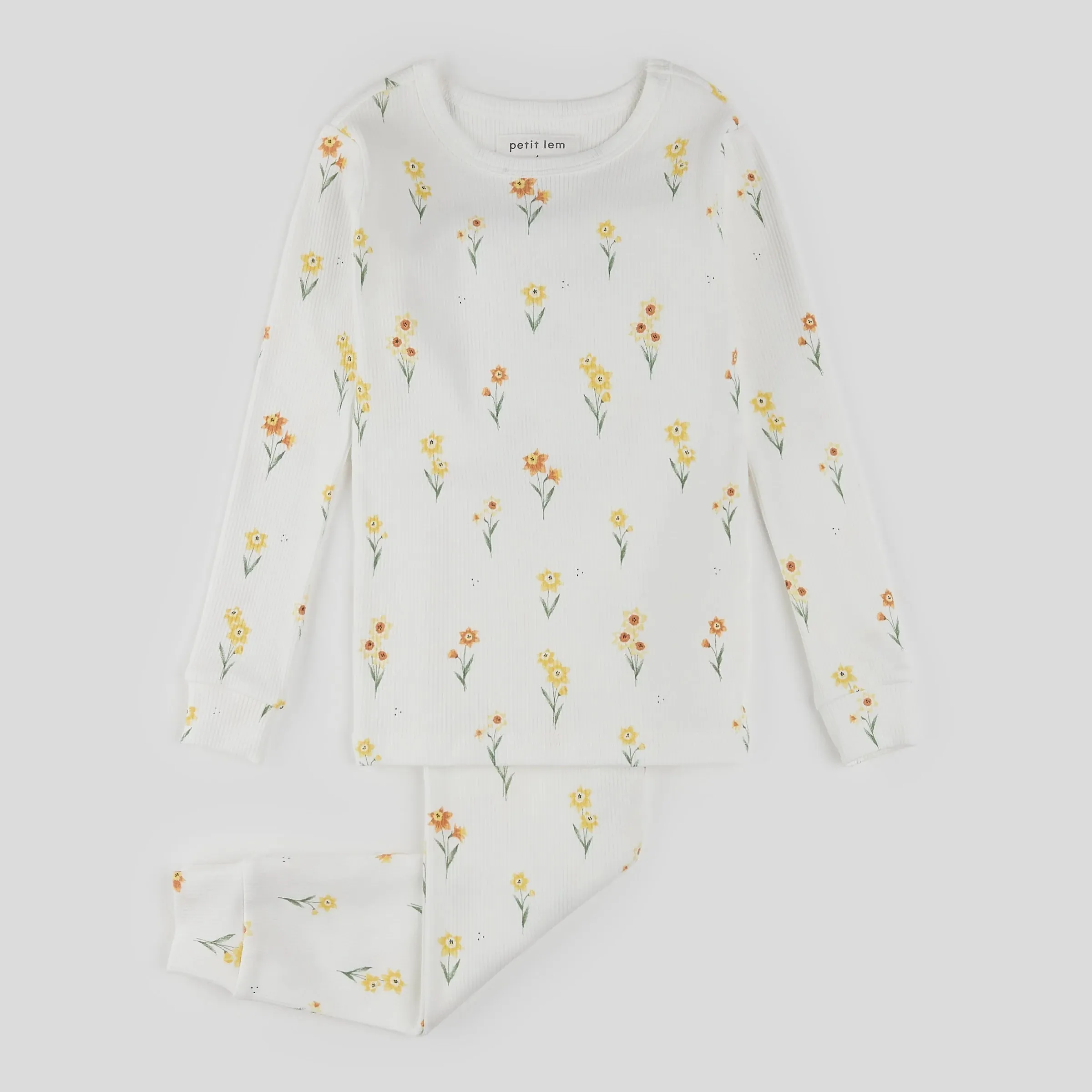 Petit Lem - Daffodil Print on Off-White Ribbed PJ Set