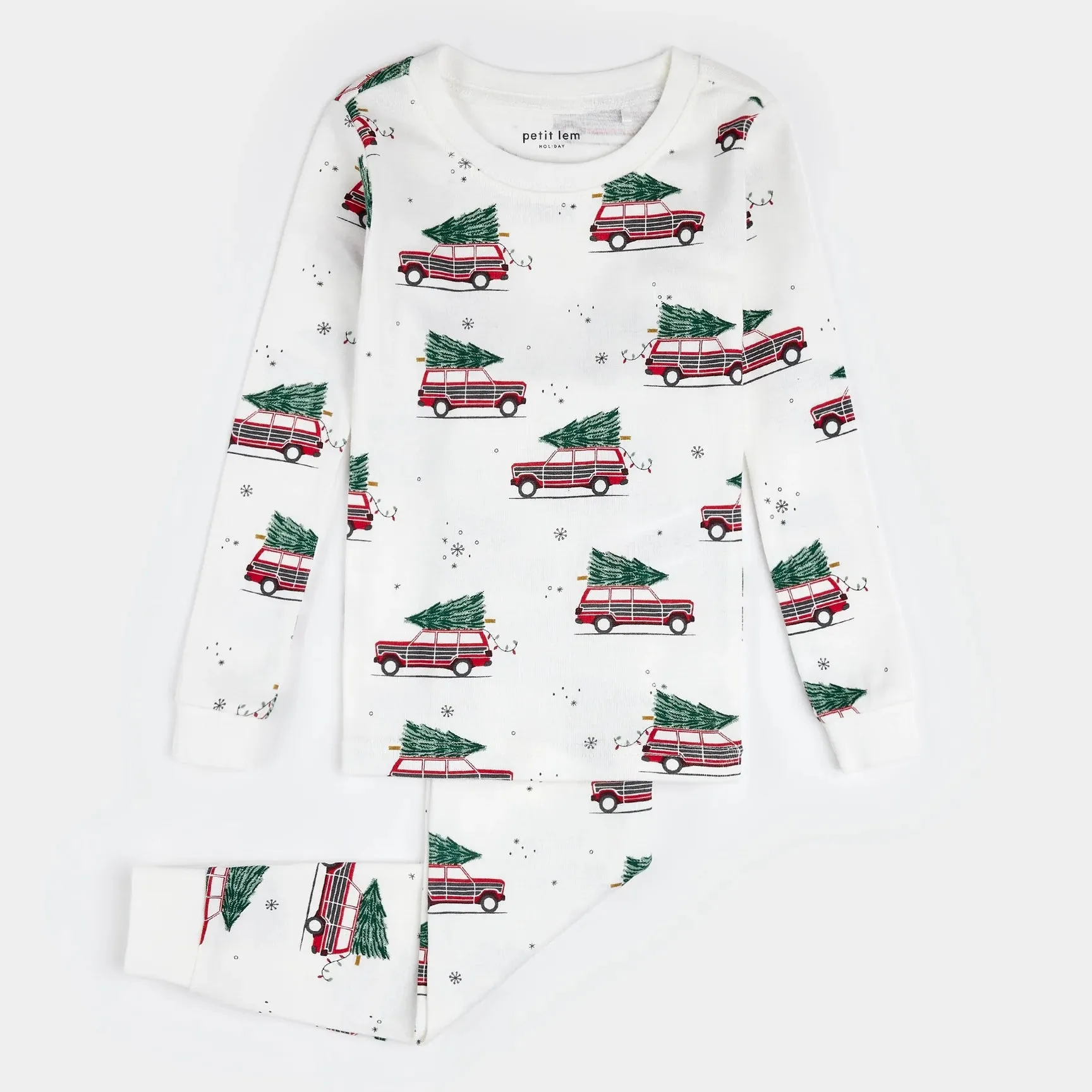 Petit Lem Festive Cars Print on Off-White PJ Set