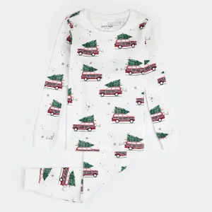 Petit Lem Festive Cars Print on Off-White PJ Set