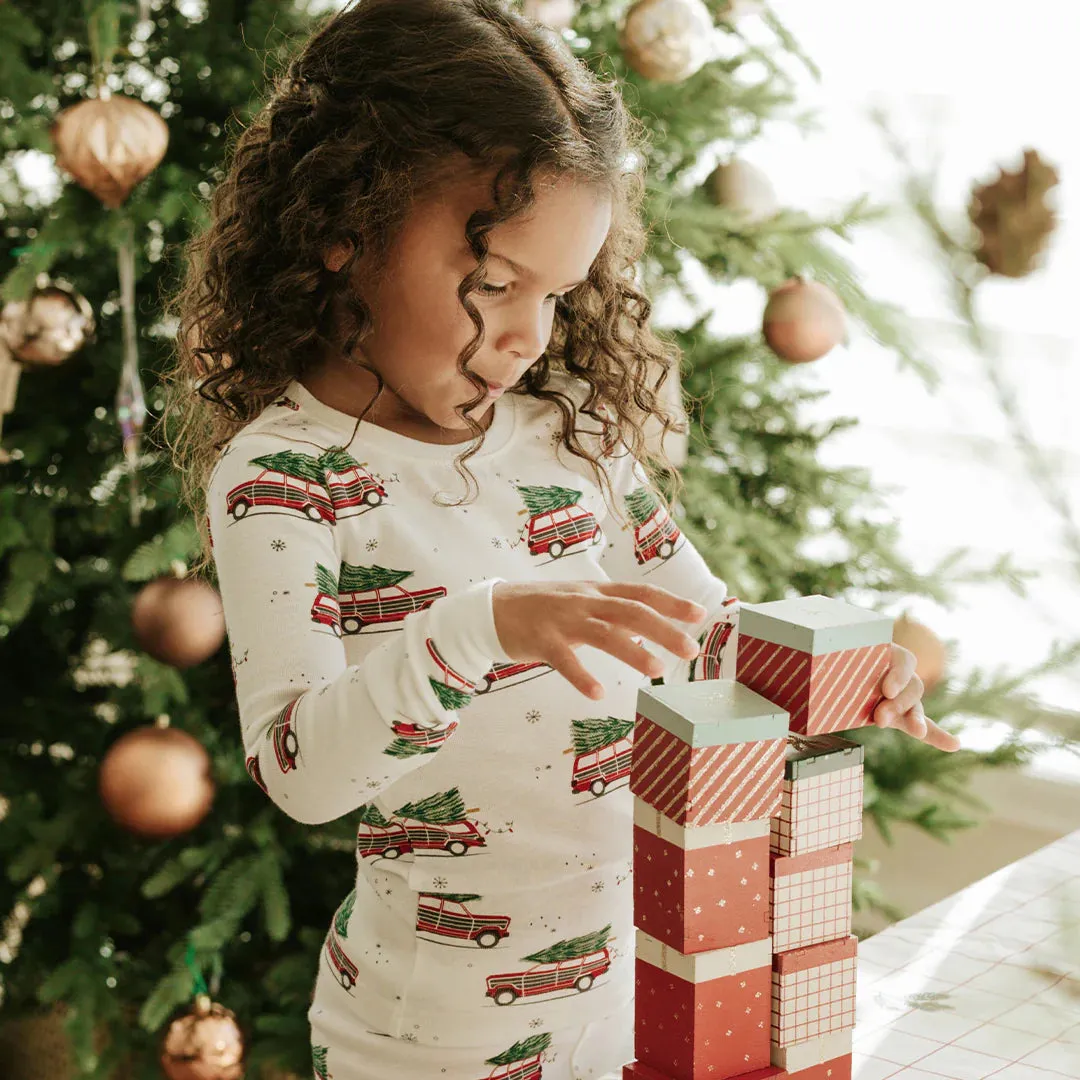 Petit Lem Festive Cars Print on Off-White PJ Set