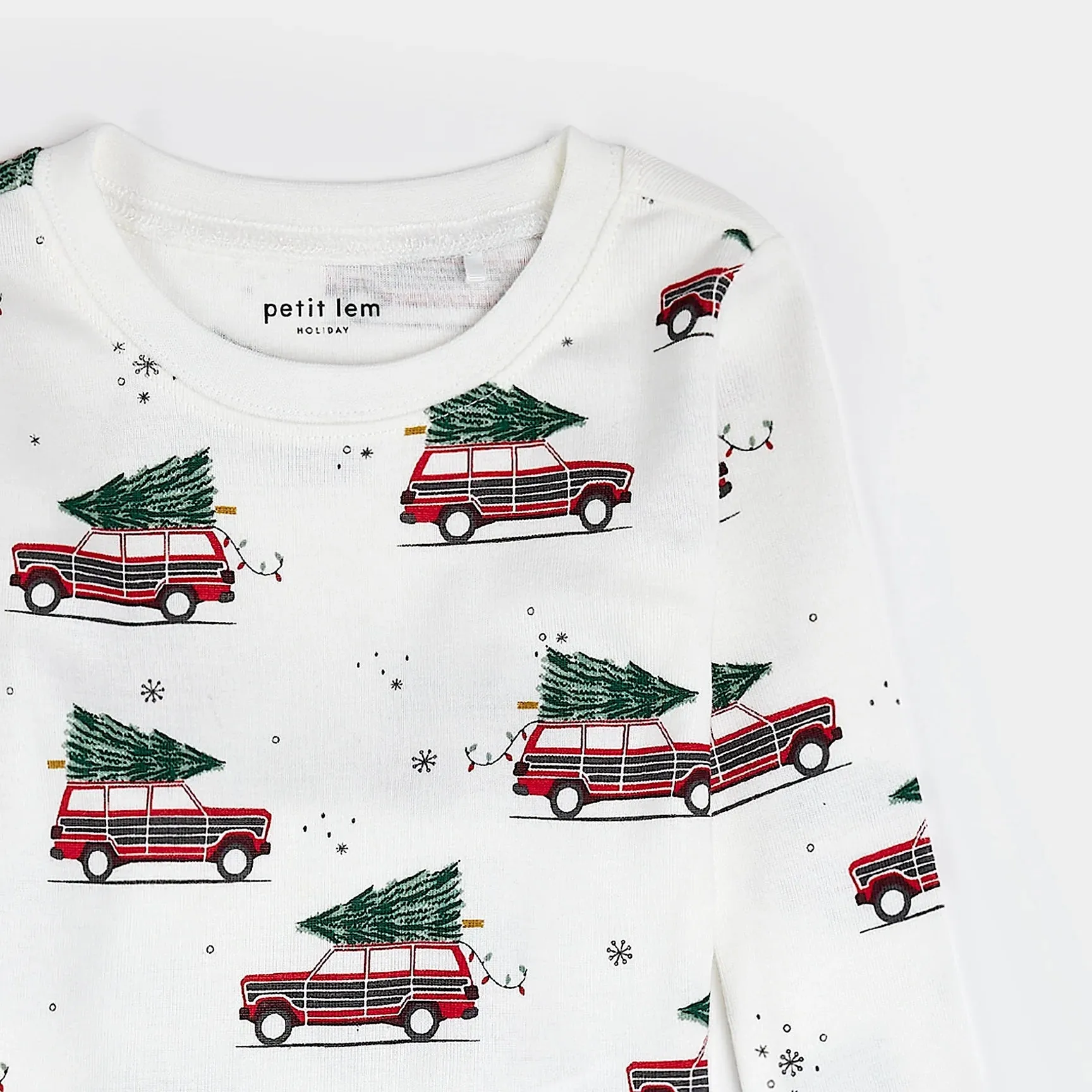 Petit Lem Festive Cars Print on Off-White PJ Set