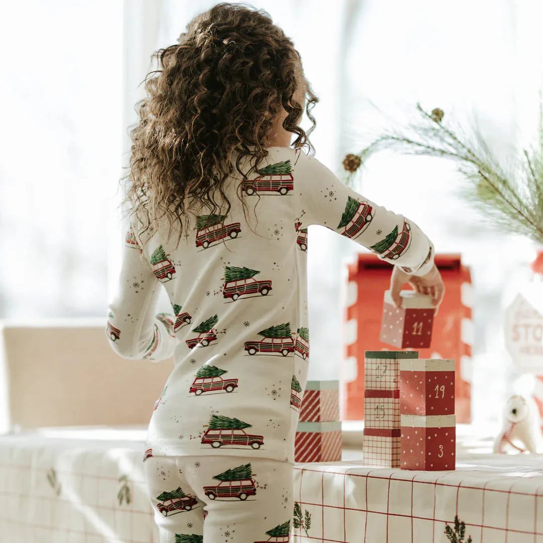 Petit Lem Festive Cars Print on Off-White PJ Set
