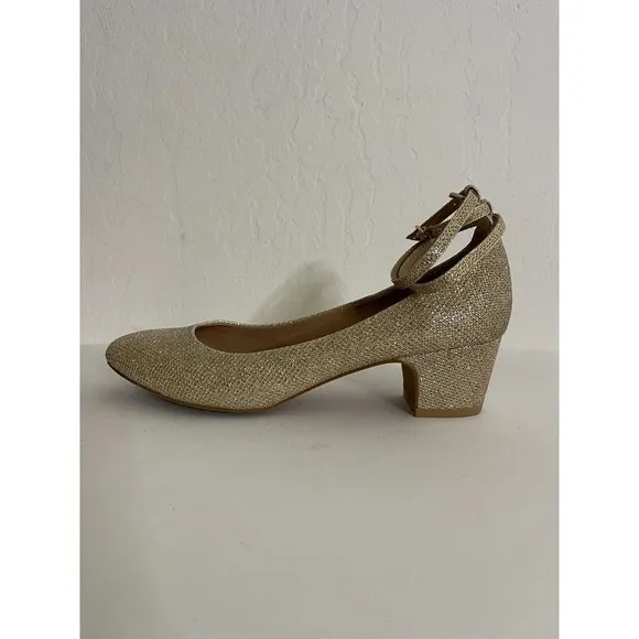 Pilcro and the Letterpress 8 Heels Gold Sparkle Dovecote Ankle Strap Low Heel