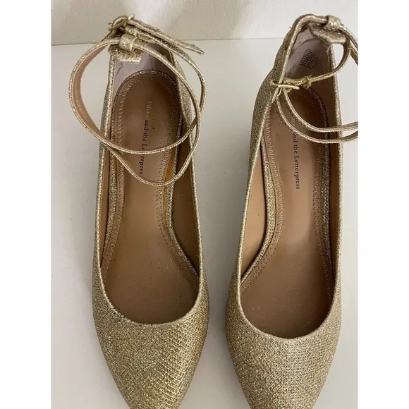 Pilcro and the Letterpress 8 Heels Gold Sparkle Dovecote Ankle Strap Low Heel