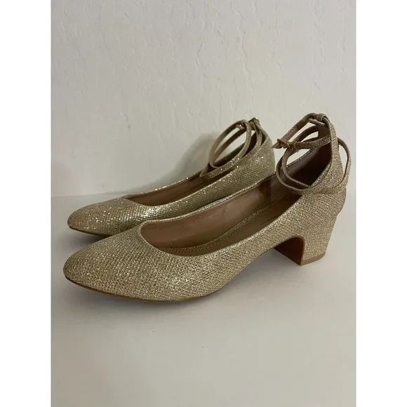 Pilcro and the Letterpress 8 Heels Gold Sparkle Dovecote Ankle Strap Low Heel