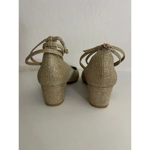 Pilcro and the Letterpress 8 Heels Gold Sparkle Dovecote Ankle Strap Low Heel