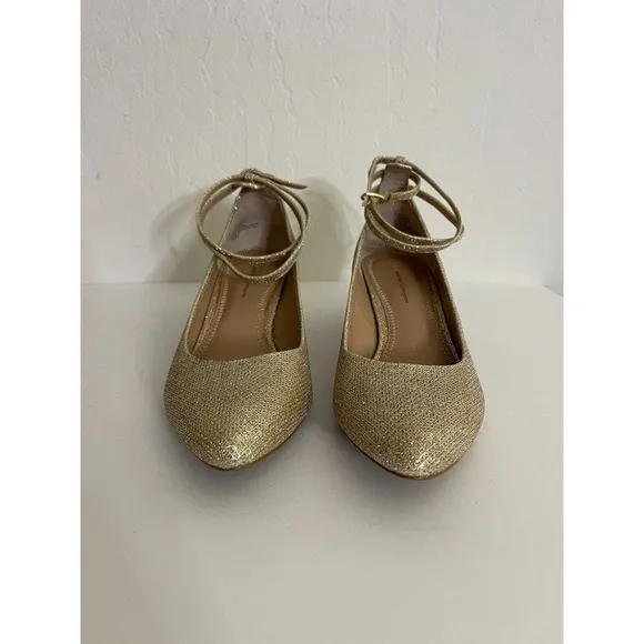 Pilcro and the Letterpress 8 Heels Gold Sparkle Dovecote Ankle Strap Low Heel
