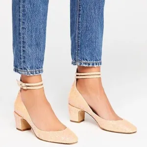 Pilcro and the Letterpress 8 Heels Gold Sparkle Dovecote Ankle Strap Low Heel