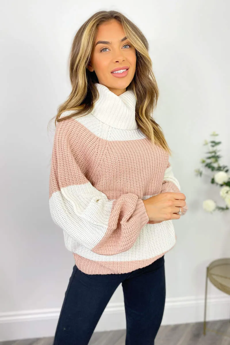 Pink And Cream Block Colour Knitted Jumper