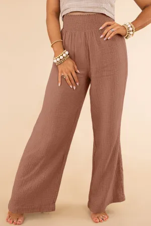 Pink Khaki Textured High Waist Wide Leg Plus Size Pants