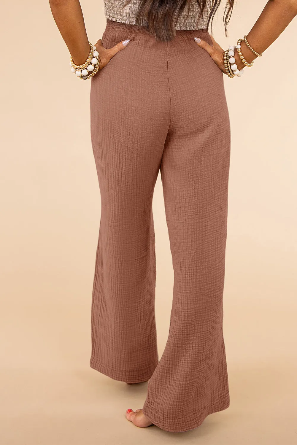 Pink Khaki Textured High Waist Wide Leg Plus Size Pants