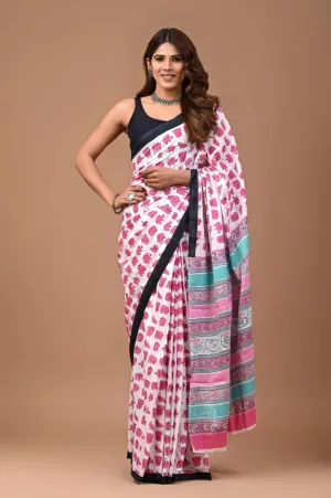 Pink White Fun Hand Block Print MulMul Cotton Saree