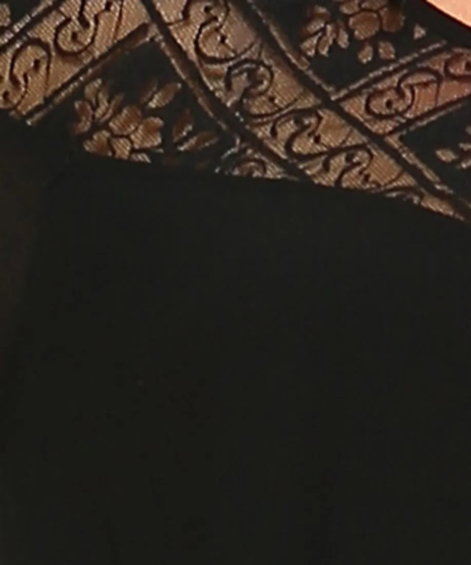 Plus Size Lace Shirt Long Sleeves Floral Square Black