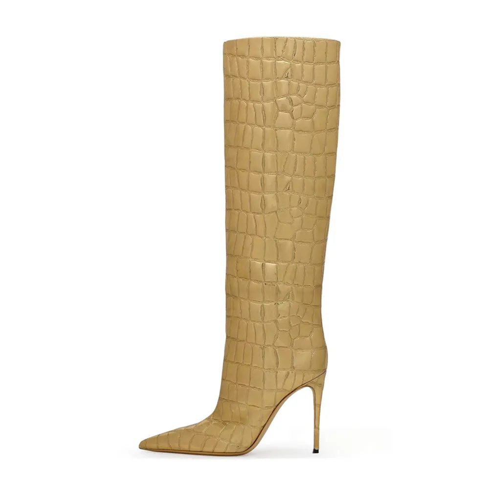 Pointed Stiletto Heel Print Boots Gold
