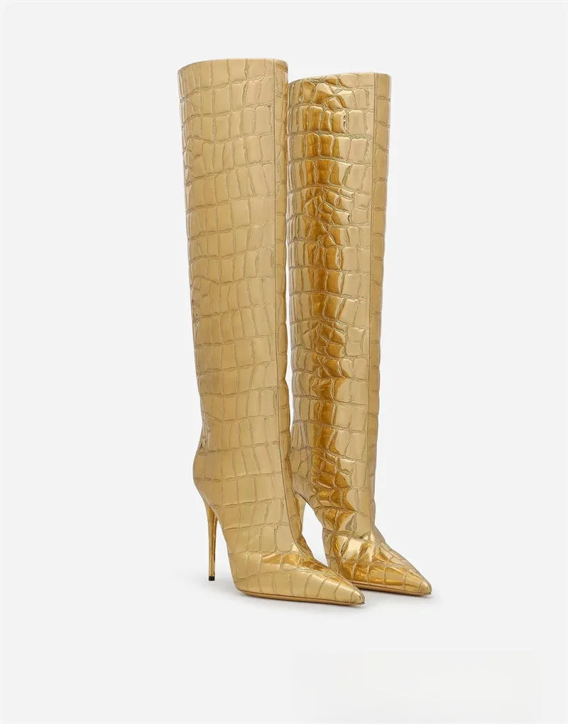 Pointed Stiletto Heel Print Boots Gold