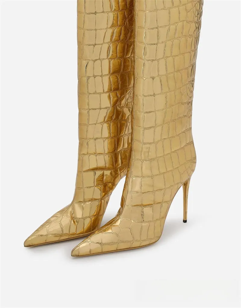 Pointed Stiletto Heel Print Boots Gold
