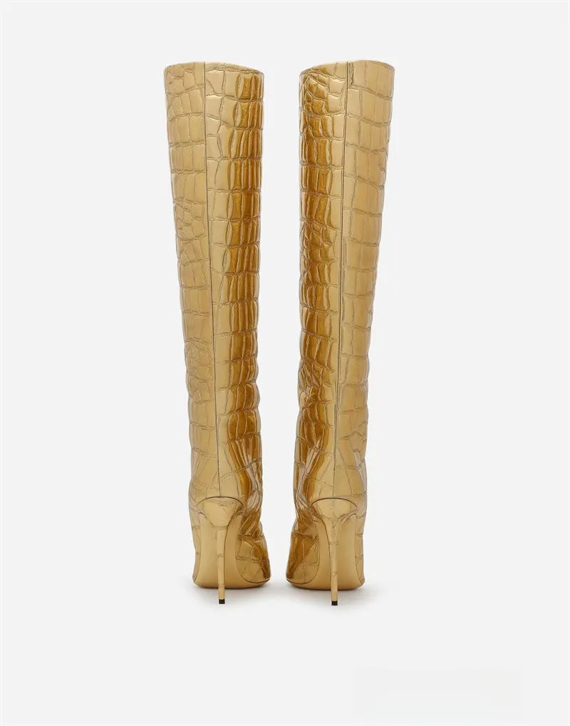 Pointed Stiletto Heel Print Boots Gold