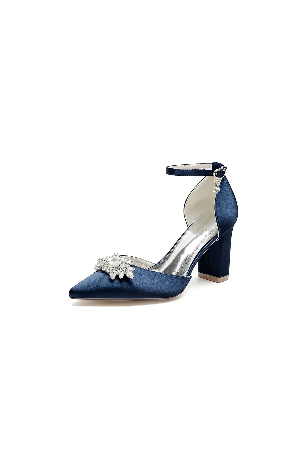 Pointed Toe Ankle Strap Chunky Heel With Rhinestone