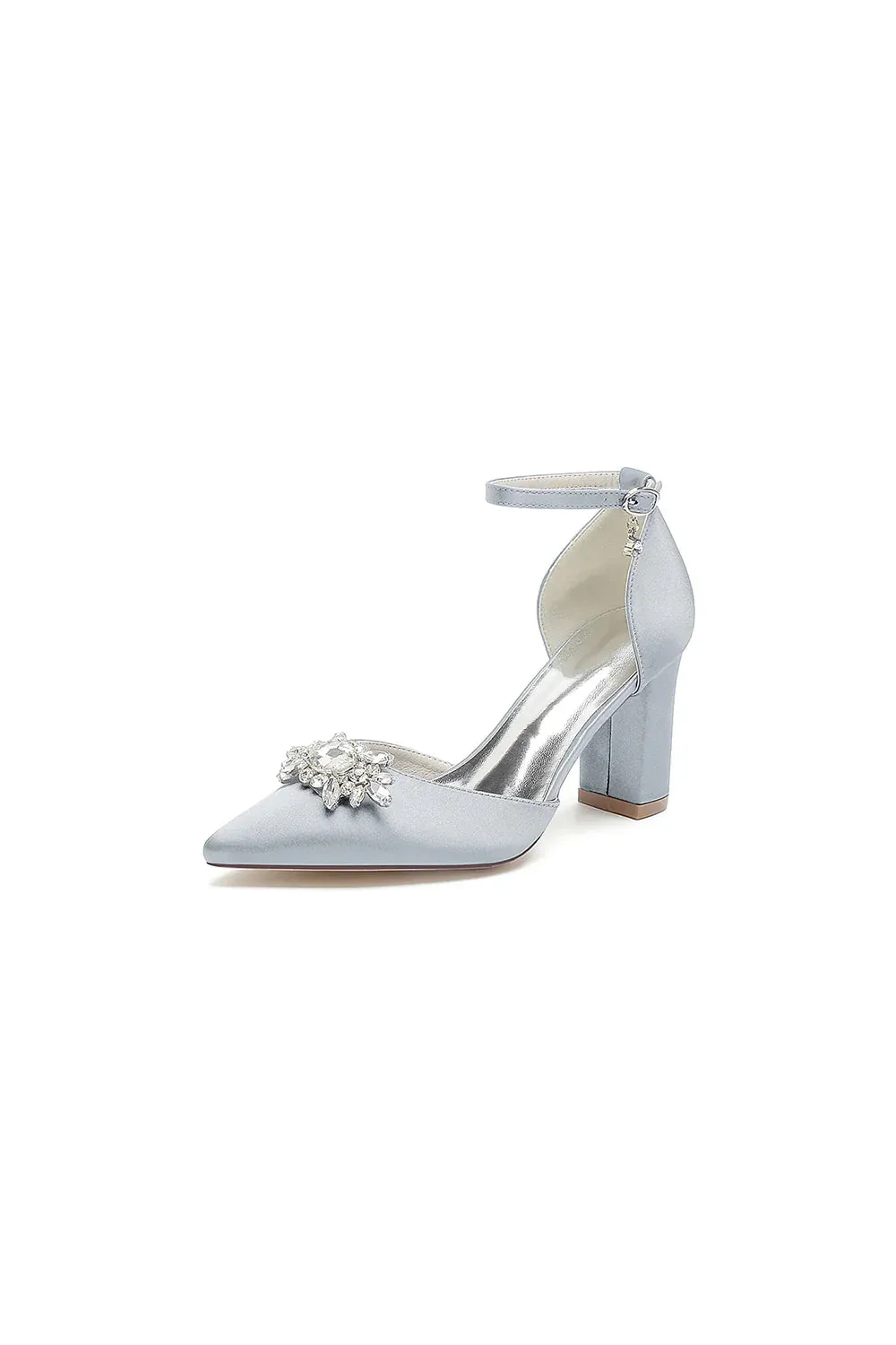 Pointed Toe Ankle Strap Chunky Heel With Rhinestone