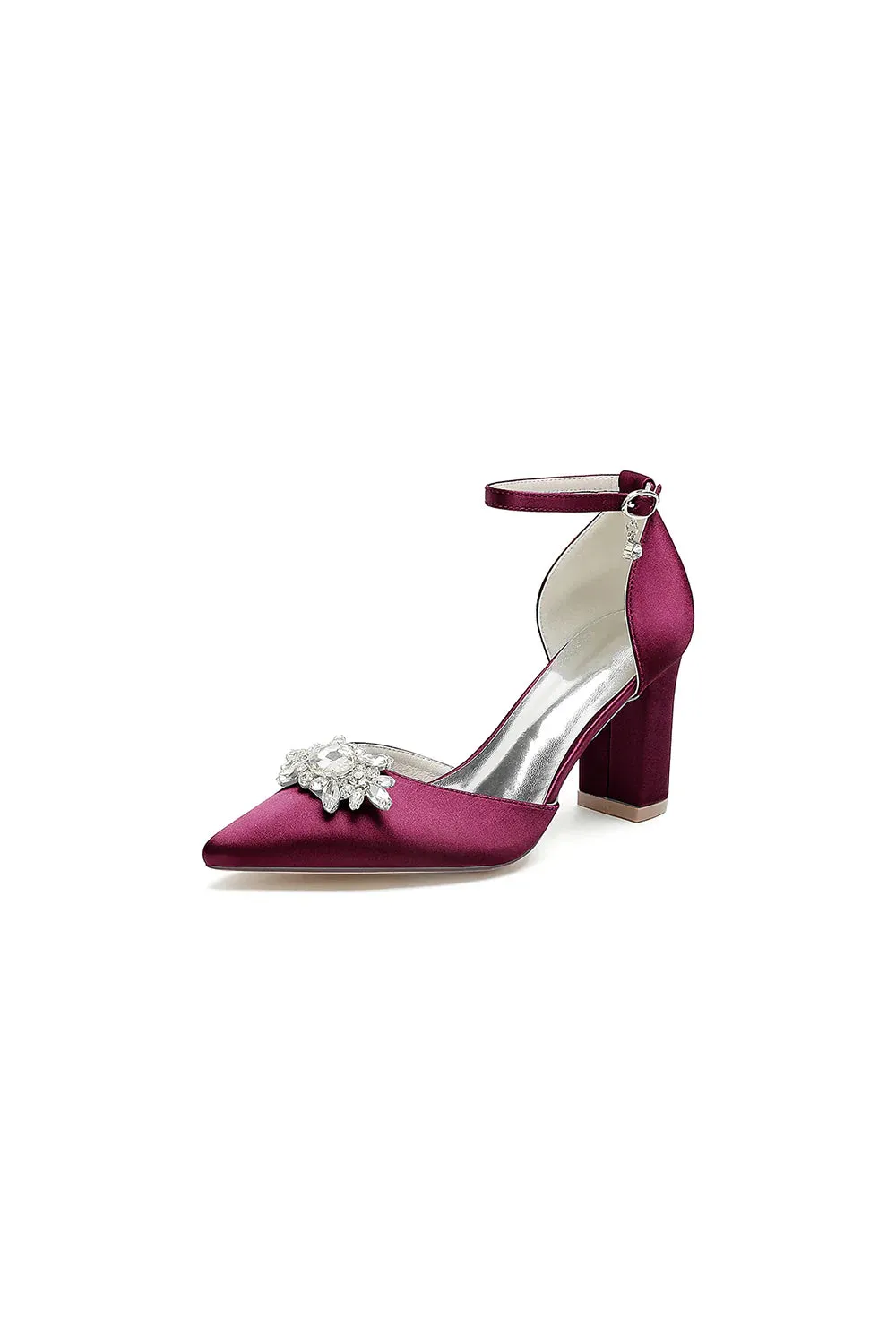 Pointed Toe Ankle Strap Chunky Heel With Rhinestone